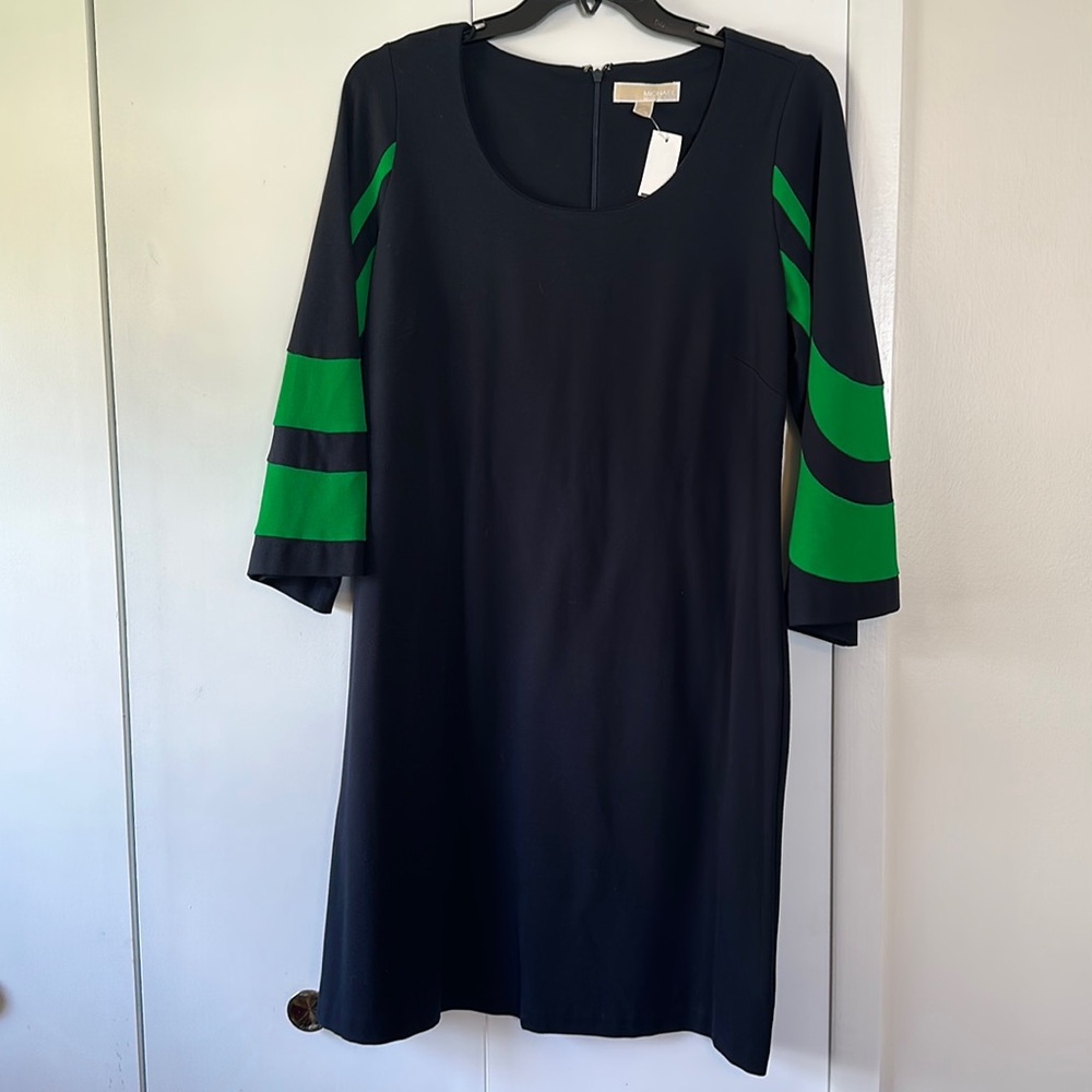 NWT Michael Kors Navy and Green Bell Sleeve mini dress